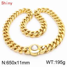 65cm personalized trendy titanium steel polished Cuban chain gold necklace with white crystal snap closure