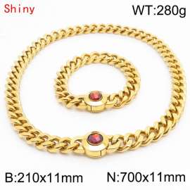 Personalized and trendy titanium steel polished Cuban chain gold bracelet necklace set, paired with red crystal snap closure