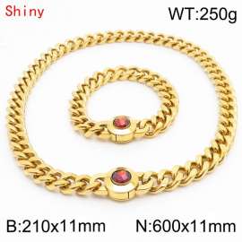 Personalized and trendy titanium steel polished Cuban chain gold bracelet necklace set, paired with red crystal snap closure