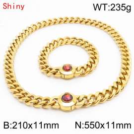 Personalized and trendy titanium steel polished Cuban chain gold bracelet necklace set, paired with red crystal snap closure