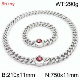 Personalized and trendy titanium steel polished Cuban chain silver bracelet necklace set, paired with red crystal snap closur