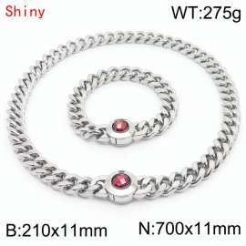 Personalized and trendy titanium steel polished Cuban chain silver bracelet necklace set, paired with red crystal snap closur