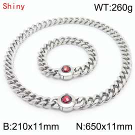 Personalized and trendy titanium steel polished Cuban chain silver bracelet necklace set, paired with red crystal snap closur