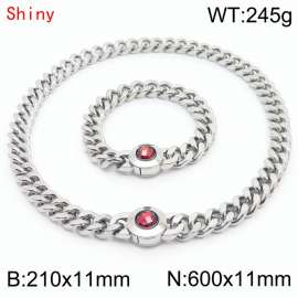 Personalized and trendy titanium steel polished Cuban chain silver bracelet necklace set, paired with red crystal snap closure