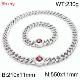 Personalized and trendy titanium steel polished Cuban chain silver bracelet necklace set, paired with red crystal snap closure