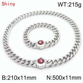 Personalized and trendy titanium steel polished Cuban chain silver bracelet necklace set, paired with red crystal snap closure