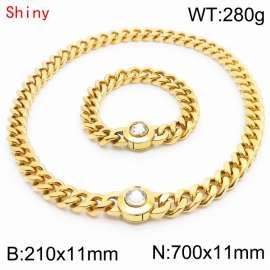 Personalized and trendy titanium steel polished Cuban chain gold bracelet necklace set, paired with white crystal snap closure