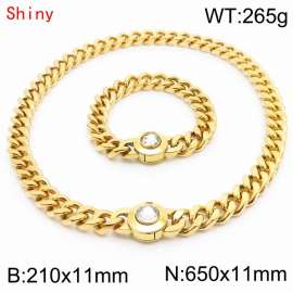 Personalized and trendy titanium steel polished Cuban chain gold bracelet necklace set, paired with white crystal snap closure
