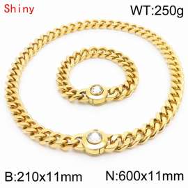 Personalized and trendy titanium steel polished Cuban chain gold bracelet necklace set, paired with white crystal snap closure