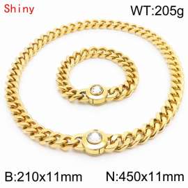Personalized and trendy titanium steel polished Cuban chain gold bracelet necklace set, paired with white crystal snap closure