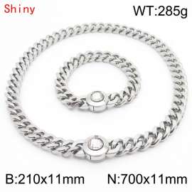Personalized and trendy titanium steel polished Cuban chain silver bracelet necklace set, paired with white crystal snap closure