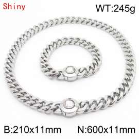 Personalized and trendy titanium steel polished Cuban chain silver bracelet necklace set, paired with white crystal snap closure