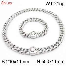 Personalized and trendy titanium steel polished Cuban chain silver bracelet necklace set, paired with white crystal snap closure