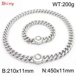 Personalized and trendy titanium steel polished Cuban chain silver bracelet necklace set, paired with white crystal snap closure