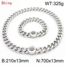 Personalized and trendy titanium steel polished Cuban chain silver bracelet necklace set with skull head buckle
