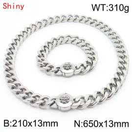 Personalized and trendy titanium steel polished Cuban chain silver bracelet necklace set with skull head buckle