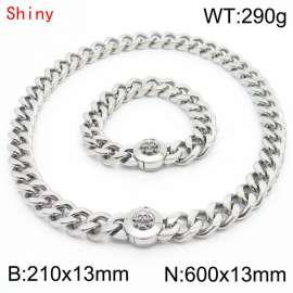 Personalized and trendy titanium steel polished Cuban chain silver bracelet necklace set with skull head buckle