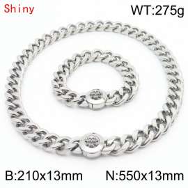 Personalized and trendy titanium steel polished Cuban chain silver bracelet necklace set with skull head buckle