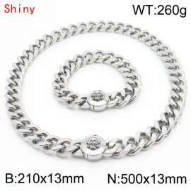 Personalized and trendy titanium steel polished Cuban chain silver bracelet necklace set with skull head buckle