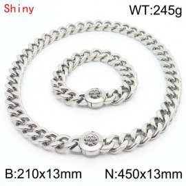 Personalized and trendy titanium steel polished Cuban chain silver bracelet necklace set with skull head buckle