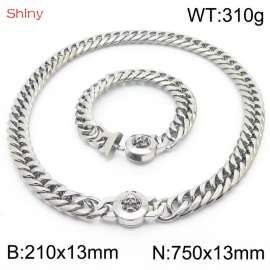 Personalized and popular titanium steel polished whip chain silver bracelet necklace set, paired with skull button