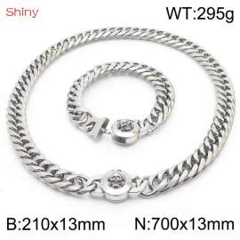 Personalized and popular titanium steel polished whip chain silver bracelet necklace set, paired with skull button