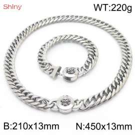 Personalized and popular titanium steel polished whip chain silver bracelet necklace set, paired with skull button