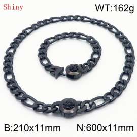 Punk Cuban Chains Skull Clasp 210×11mm Bracelet 600×11mm Nacklace For Men Black Color Hip Hop Thick Stainless Steel Big Chunky NK Chain Jewelry Sets Wholesale