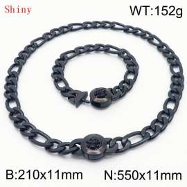 Punk Cuban Chains Skull Clasp 210×11mm Bracelet 550×11mm Nacklace For Men Black Color Hip Hop Thick Stainless Steel Big Chunky NK Chain Jewelry Sets Wholesale