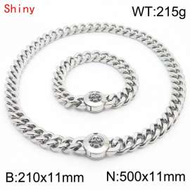 High Quality Stainless Steel 210×11mm Bracelet 500×11mm Necklace for Men Silver Color Curb Cuban Link Chain Skull Clasp Hip Hop Jewelry Sets