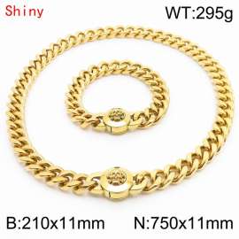 High Quality Stainless Steel 210×11mm Bracelet 750×11mm Necklace for Men Silver Color Curb Cuban Link Chain Skull Clasp Hip Hop Jewelry Sets