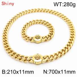 High Quality Stainless Steel 210×11mm Bracelet 700×11mm Necklace for Men Silver Color Curb Cuban Link Chain Skull Clasp Hip Hop Jewelry Sets
