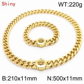 High Quality Stainless Steel 210×11mm Bracelet 500×11mm Necklace for Men Silver Color Curb Cuban Link Chain Skull Clasp Hip Hop Jewelry Sets