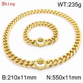 High Quality Stainless Steel 210×11mm Bracelet 550×11mm Necklace for Men Silver Color Curb Cuban Link Chain Skull Clasp Hip Hop Jewelry Sets
