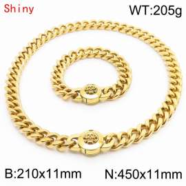 High Quality Stainless Steel 210×11mm Bracelet 450×11mm Necklace for Men Gold Color Curb Cuban Link Chain Skull Clasp Hip Hop Jewelry Sets