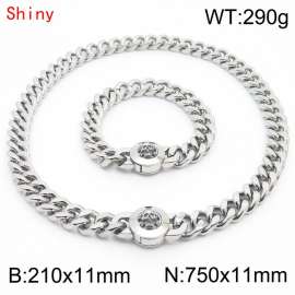 High Quality Stainless Steel 210×11mm Bracelet 750×11mm Necklace for Men Silver Color Curb Cuban Link Chain Skull Clasp Hip Hop Jewelry Sets