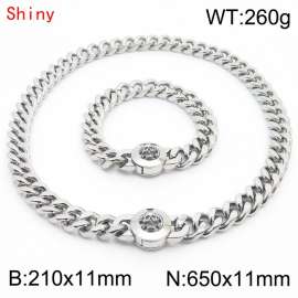 High Quality Stainless Steel 210×11mm Bracelet 650×11mm Necklace for Men Silver Color Curb Cuban Link Chain Skull Clasp Hip Hop Jewelry Sets