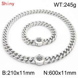 High Quality Stainless Steel 210×11mm Bracelet 600×11mm Necklace for Men Silver Color Curb Cuban Link Chain Skull Clasp Hip Hop Jewelry Sets