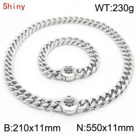 High Quality Stainless Steel 210×11mm Bracelet 550×11mm Necklace for Men Silver Color Curb Cuban Link Chain Skull Clasp Hip Hop Jewelry Sets