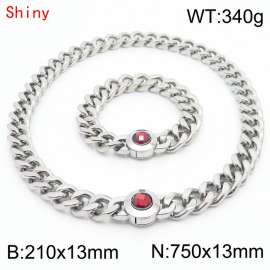 Hiphop Heavy Cuban Link Chains 210×13mm Bracelet 750×13mm Necklaces Male Silver Color Stainless Steel Red Stone Clasp Jewelry Sets For Men Women