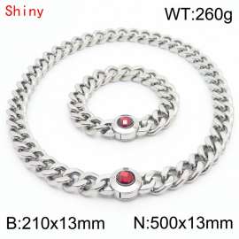 Hiphop Heavy Cuban Link Chains 210×13mm Bracelet 500×13mm Necklaces Male Silver Color Stainless Steel Red Stone Clasp Jewelry Sets For Men Women