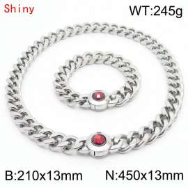 Hiphop  Heavy Cuban Link Chains 210×13mm Bracelet 450×13mm Necklaces Male Silver Color Stainless Steel Red Stone Clasp Jewelry Sets For Men Women