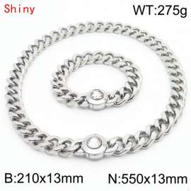 Hiphop Heavy Cuban Link Chains 210×13mm Bracelet 550×13mm Necklaces Male Silver Color Stainless Steel Jewelry Sets For Men Women