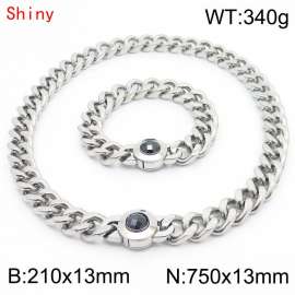 Fashion Curb Cuban Link Chain 210×13mm Bracelet 750×13mm Necklace for Men Women Basic Punk Stainless Steel Black Stone Clasp Jewelry Sets