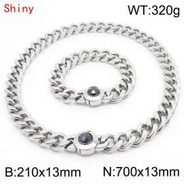 Fashion Curb Cuban Link Chain 210×13mm Bracelet 700×13mm Necklace for Men Women Basic Punk Stainless Steel Black Stone Clasp Jewelry Sets