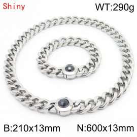 Fashion Curb Cuban Link Chain 210×13mm Bracelet 600×13mm Necklace for Men Women Basic Punk Stainless Steel Black Stone Clasp Jewelry Sets