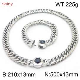 Punk Cuban Link 210×13mm Bracelet 500×13mm Necklace For Men Women Statement Chunky Stainless Steel Silver Color Thick Chain Black Stone Clasp Jewelry Sets