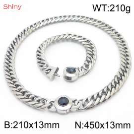 Punk Cuban Link 210×13mm Bracelet 450×13mm Necklace For Men Women Statement Chunky Stainless Steel Silver Color Thick Chain Black Stone Clasp Jewelry Sets