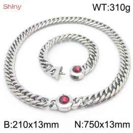 Punk Cuban Link Chain Stainless Steel 210×13mm Bracelet 750×13mm Necklace Men Women Waterproof Silver Color Red Stone Clasp Jewelry Sets