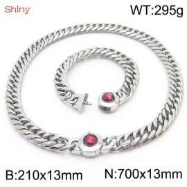 Punk Cuban Link Chain Stainless Steel 210×13mm Bracelet 700×13mm Necklace Men Women Waterproof Silver Color Red Stone Clasp Jewelry Sets